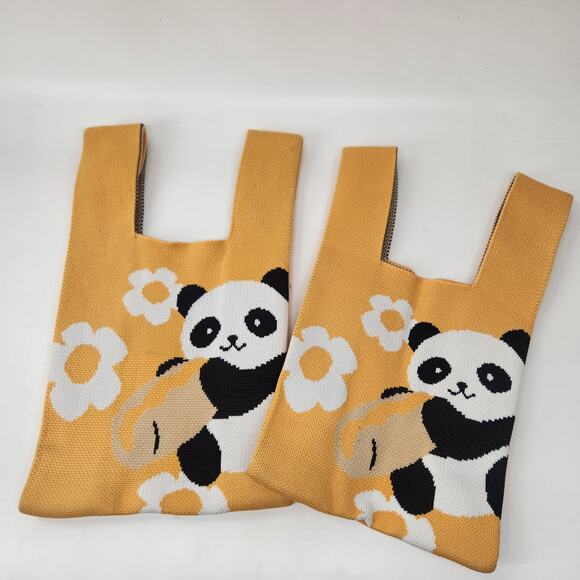 Lot Of 2 Panda Knitted Tote Hand Mini Bag Yellow Kawaii Travel Casual Whimsical - Picture 1 of 9